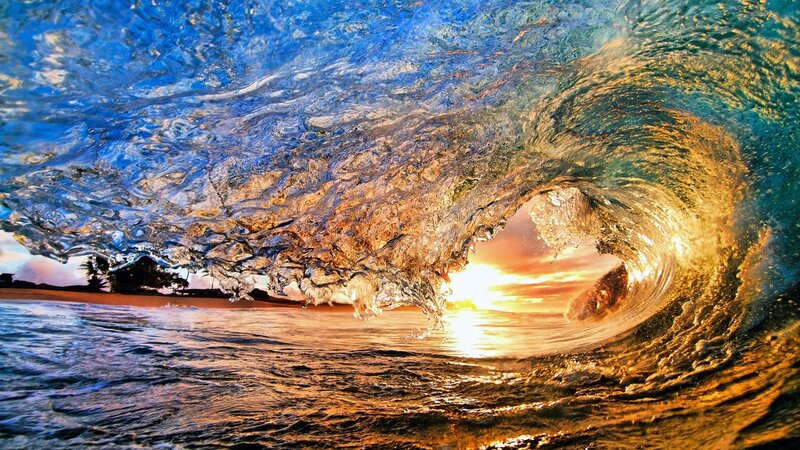Wave Tunnel at Sunset — Blue, Dramatic, Photograph, Ocean