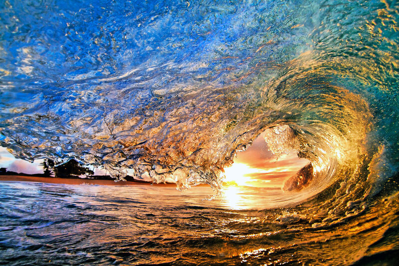 Wave Tunnel at Sunset — Blue, Dramatic, Photograph, Sun, Beach