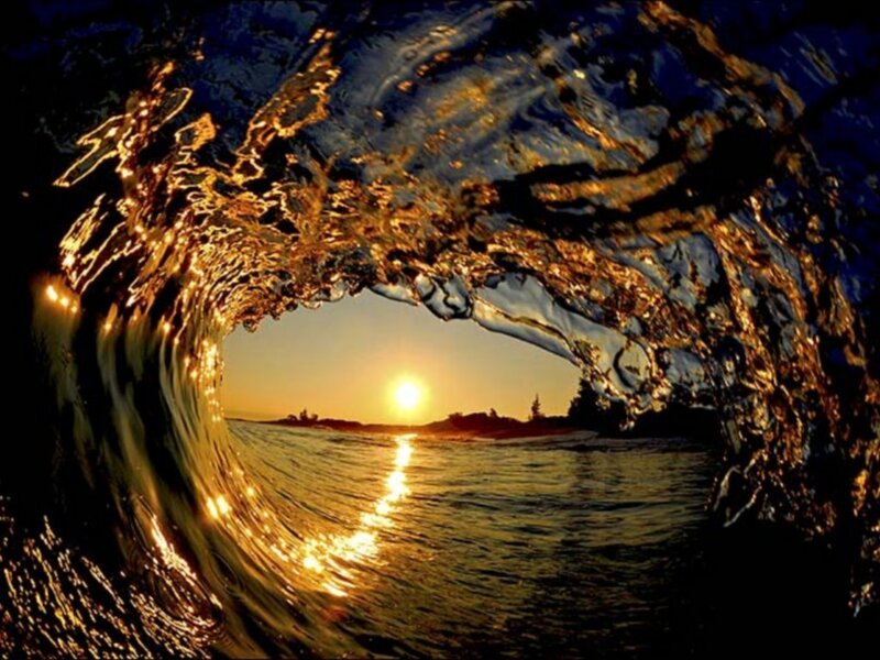 Wave Tunnel at Sunset — Blue, Dramatic, Photograph, Sun, Ocean, Island