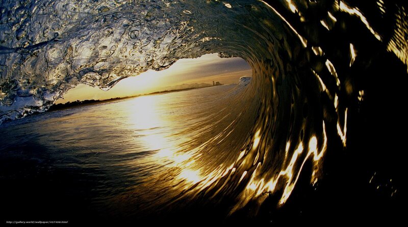 Wave Tunnel at Sunset — Blue, Dramatic, Photograph, Sun, Ocean