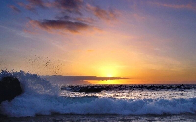 Waves Crashing at Sunset — Orange, Dramatic, Photograph