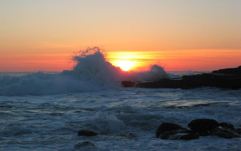 Waves Crashing at Sunset — Orange, Dramatic