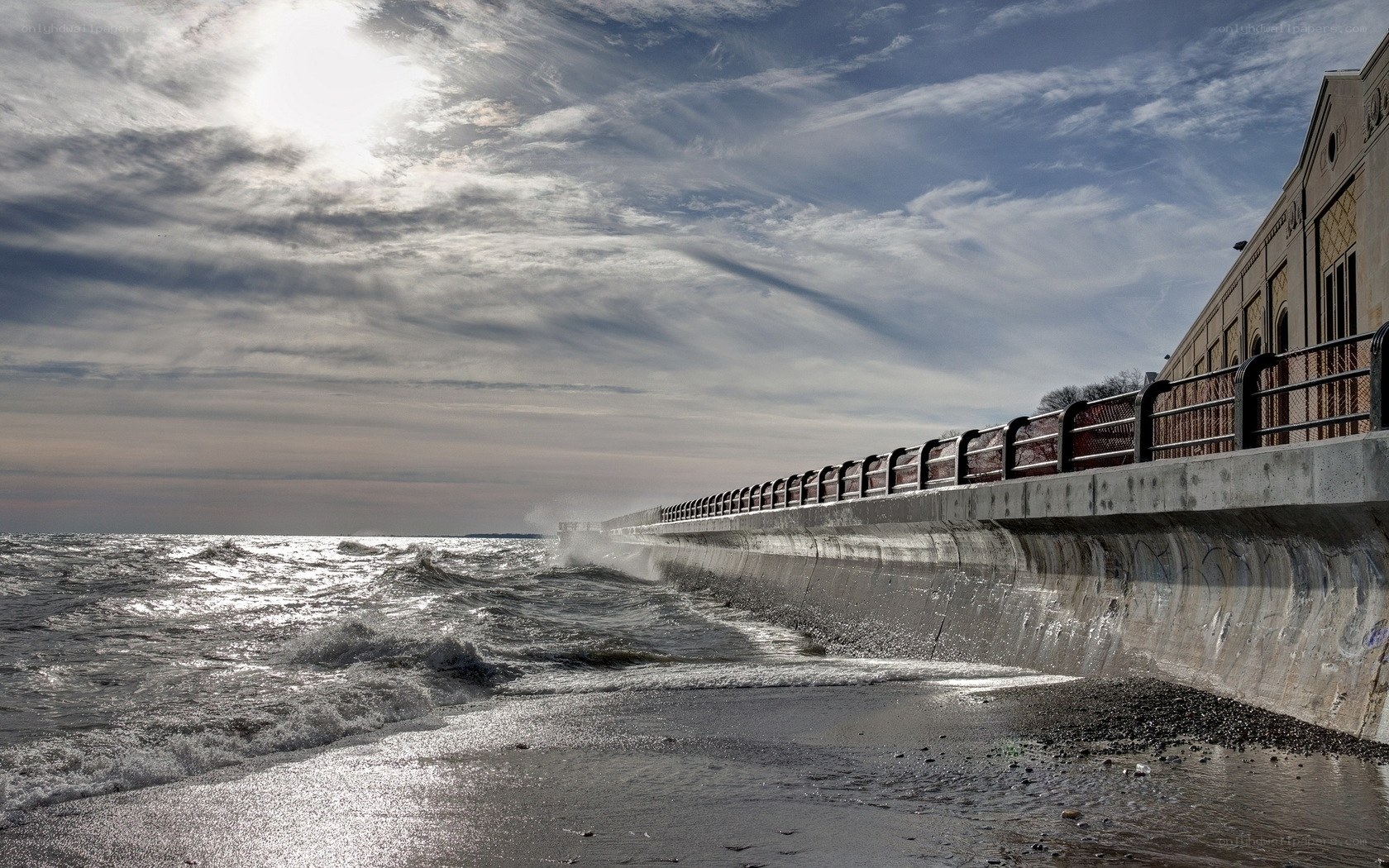 Waves crashing on a seawall