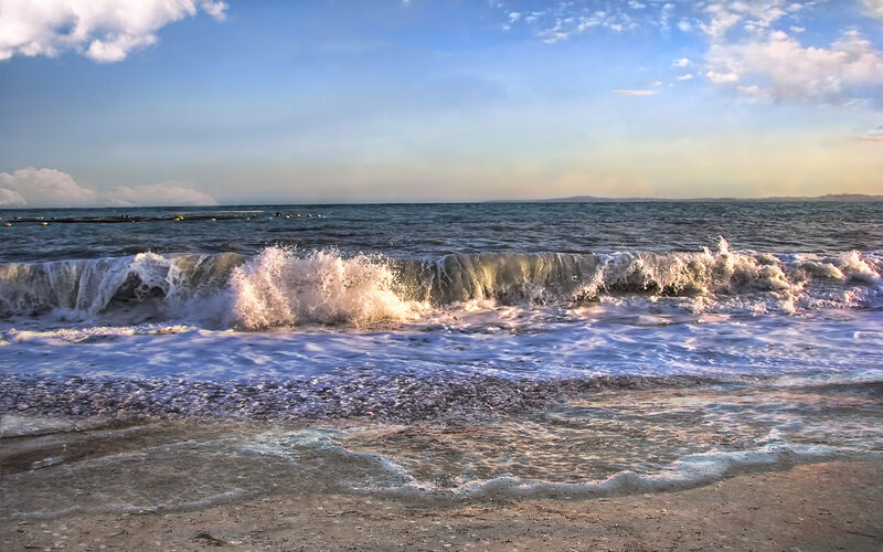 Waves Crashing on Beach — Blue, Calm, Sunset