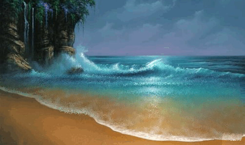 Waves Crashing on Beach — Blue, Dramatic, Night, Digital Art