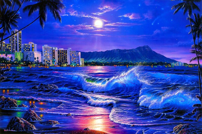 Waves Crashing on Beach — Blue, Dramatic, Night