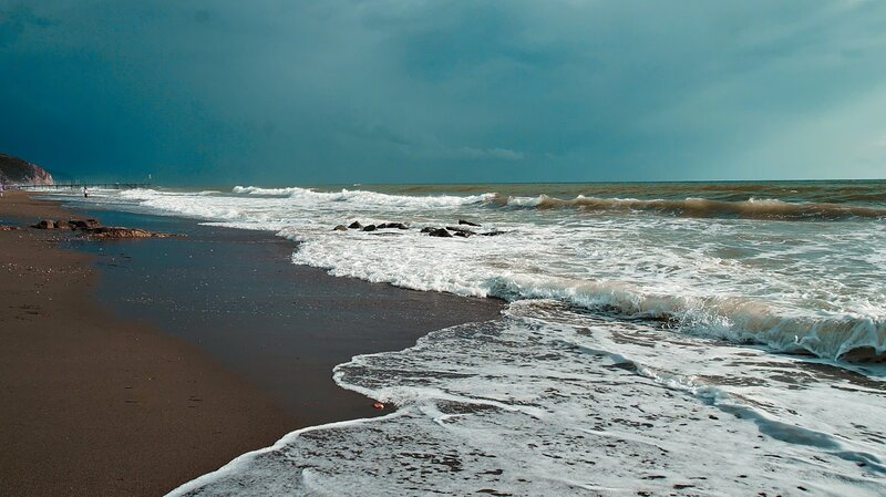 Waves Crashing on Beach — Blue, Dramatic, Photograph