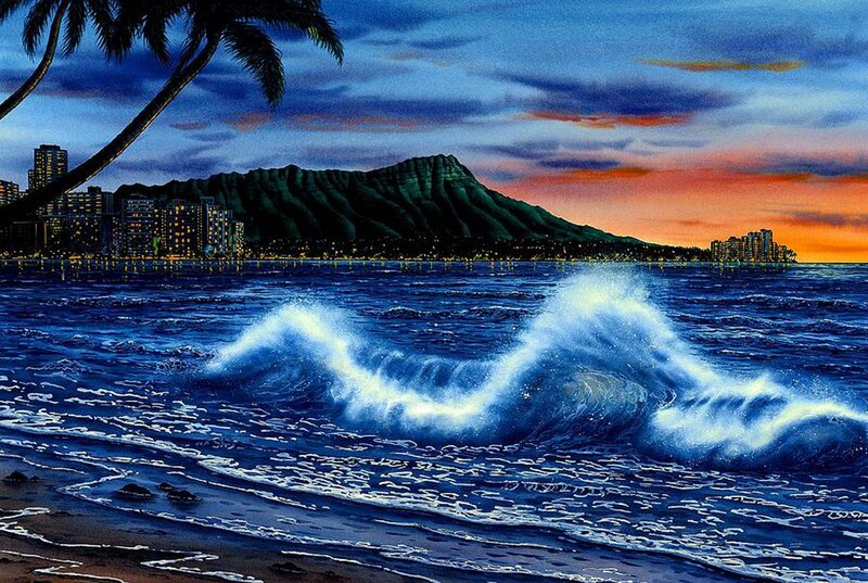 Waves Crashing on Beach — Blue, Dramatic, Sunset, Painting