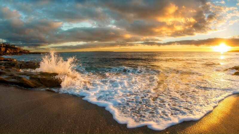 Waves Crashing on Beach — Blue, Dramatic, Sunset, Photograph, Ocean