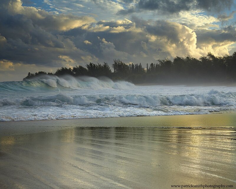 Waves Crashing on Beach — Blue, Dramatic, Sunset, Photograph
