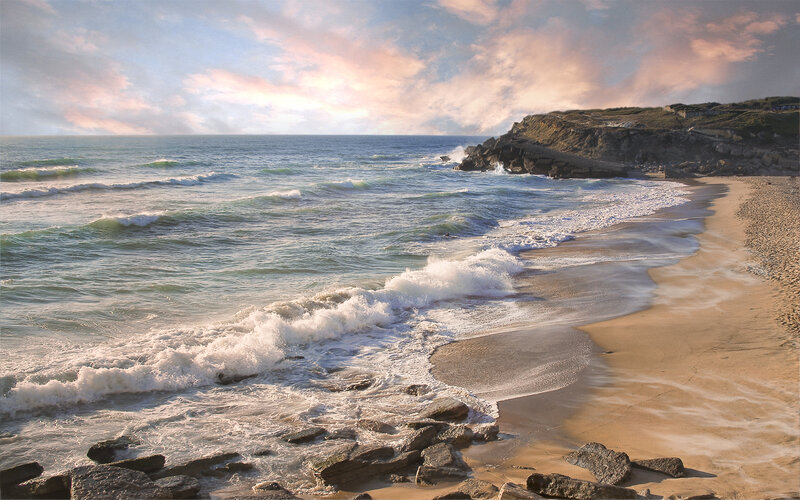 Waves Crashing on Beach — Blue, Dramatic, Sunset