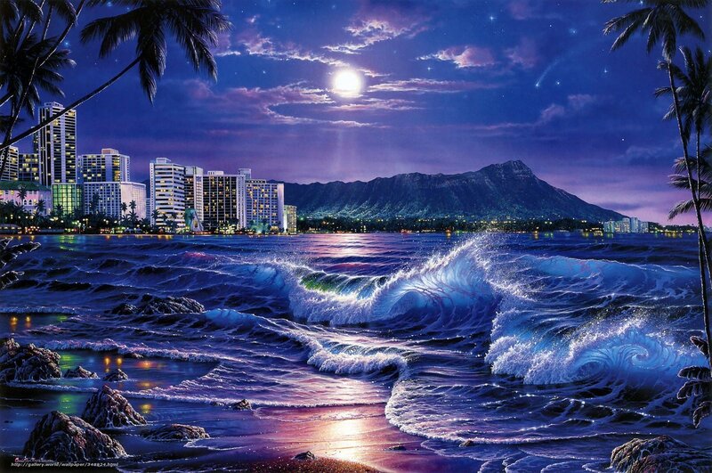 Waves Crashing on Beach — Blue, Serene, Night, Digital Art
