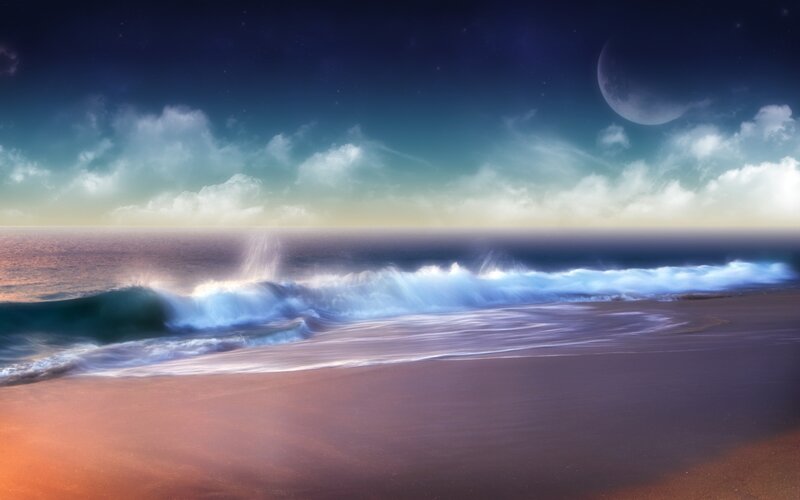 Waves Crashing on Beach — Blue, Serene, Night