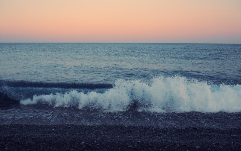 Waves Crashing on Beach — Blue, Serene, Sunset