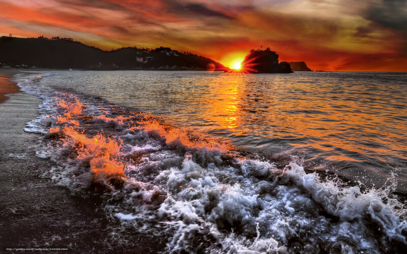 Waves Crashing on Beach — Orange, Dramatic, Sunset, Photograph