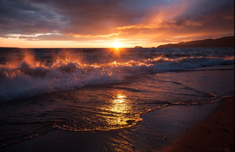 Waves Crashing on Beach — Orange, Dramatic, Sunset