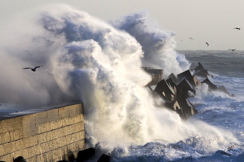 Waves Crashing on Breakwater — Blue, Dramatic