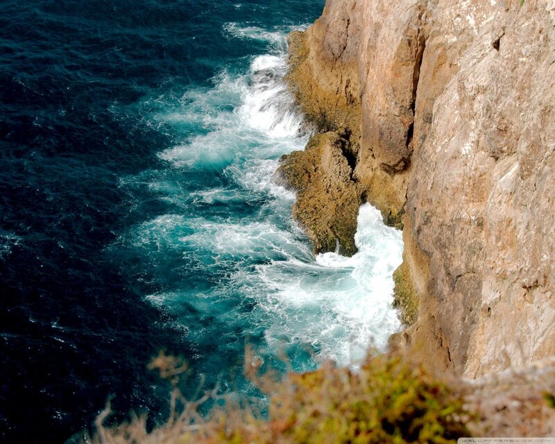 Waves Crashing on Cliffs — Blue, Dramatic, Afternoon, Photograph, Ocean, Foam