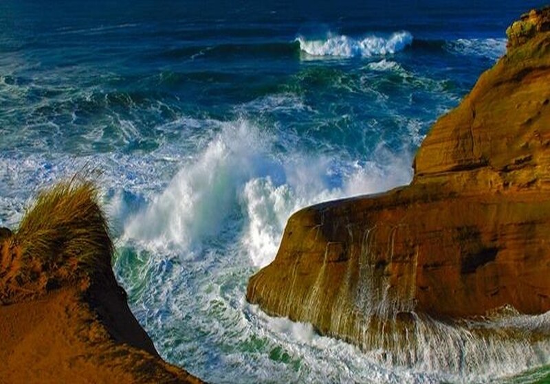 Waves Crashing on Cliffs — Blue, Dramatic, Afternoon, Photograph, Ocean