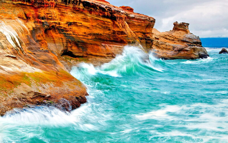 Waves Crashing on Cliffs — Blue, Dramatic, Photograph, Ocean, Sky, Birds