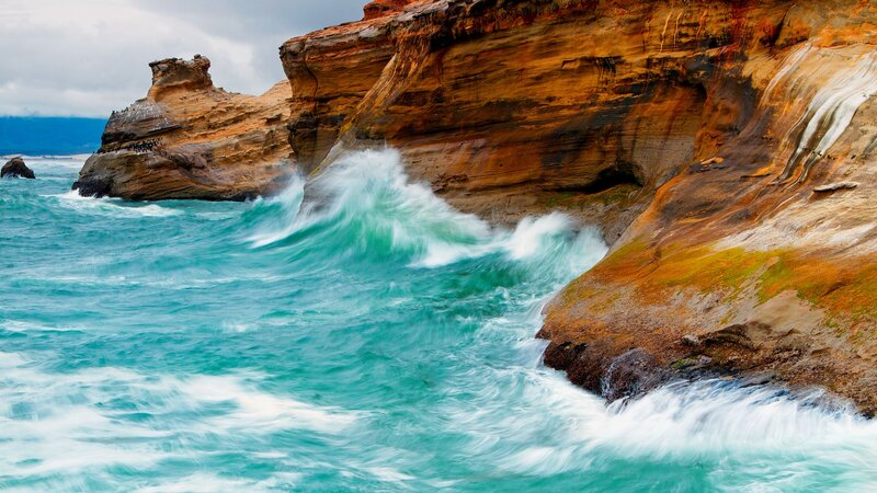 Waves Crashing on Cliffs — Blue, Dramatic, Photograph, Ocean, Sky