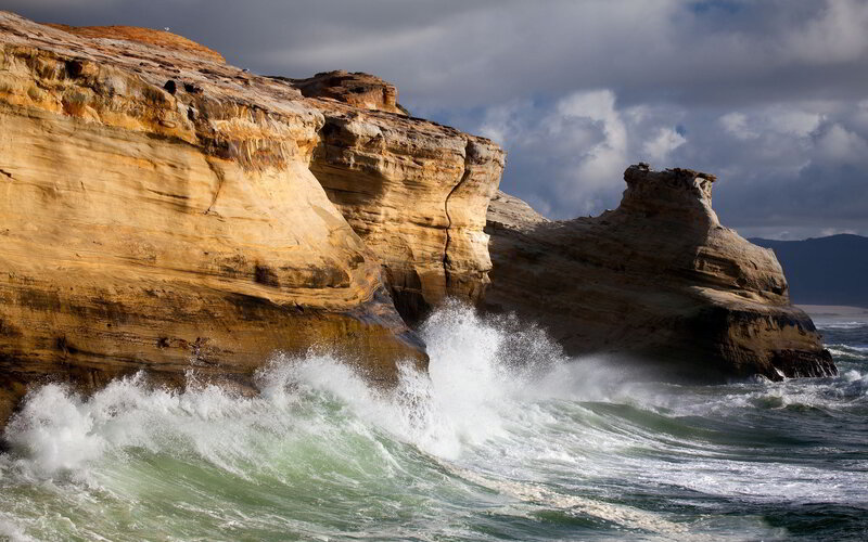 Waves Crashing on Cliffs — Brown, Dramatic, Photograph
