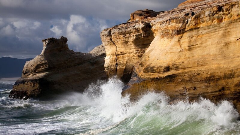 Waves Crashing on Cliffs — Brown, Dramatic