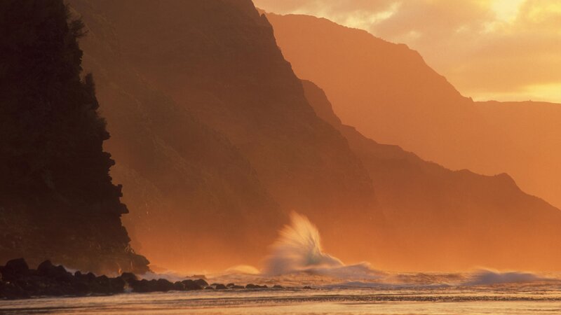 Waves Crashing on Cliffs — Orange, Dramatic