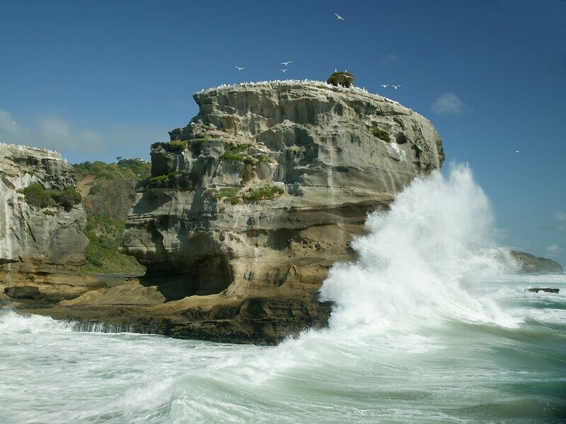 Waves crashing on coastal cliffs