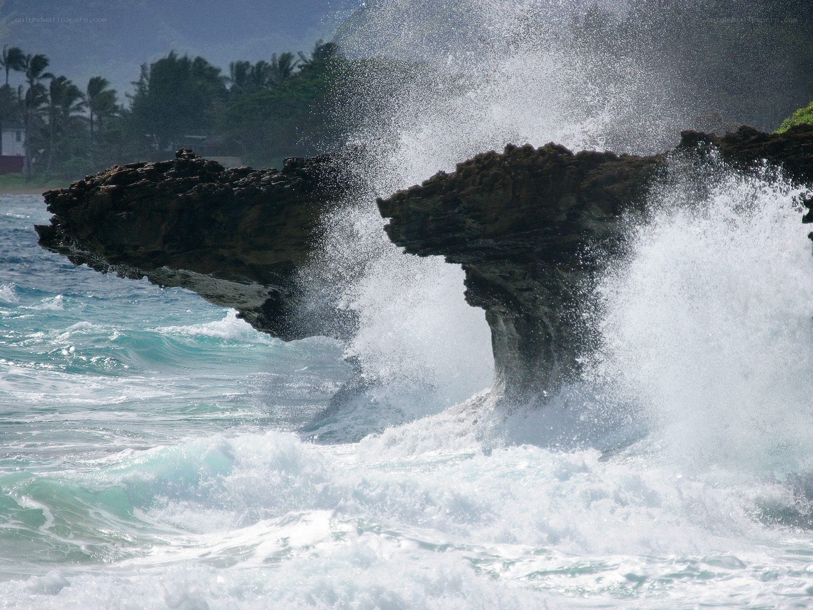 Waves crashing on coastal rocks