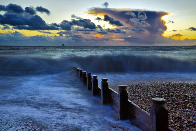 Waves Crashing on Pebble Beach — Blue, Dramatic