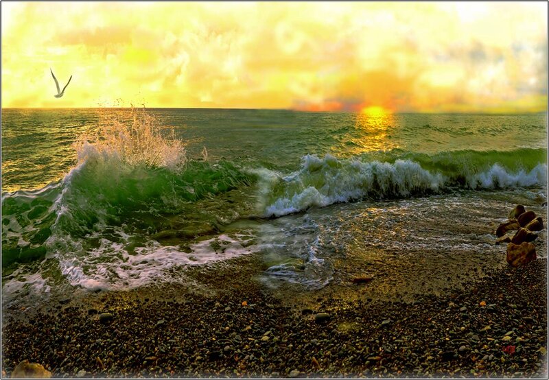 Waves Crashing on Pebble Beach — Yellow