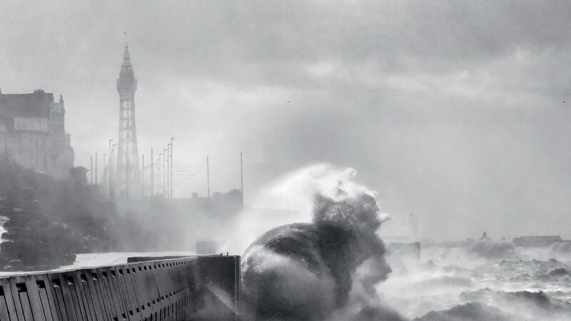 Waves Crashing on Pier — Black, Dramatic