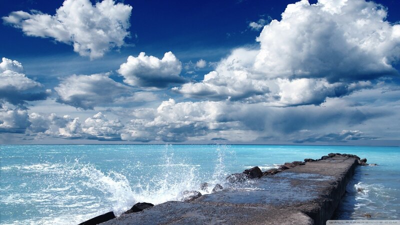 Waves Crashing on Pier — Blue, Dramatic, Afternoon, Photograph, Clouds, Ocean