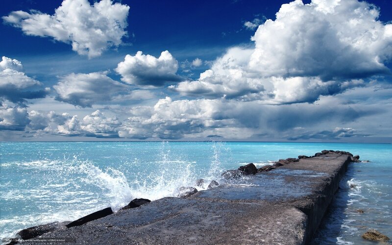 Waves Crashing on Pier — Blue, Dramatic, Afternoon, Photograph, Clouds