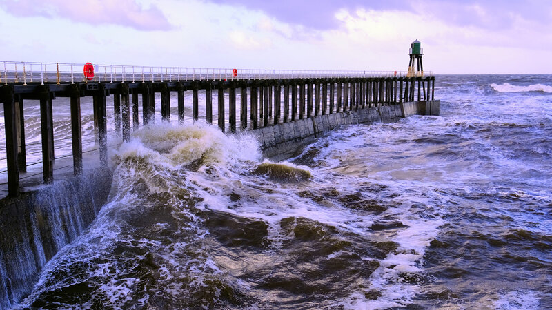 Waves Crashing on Pier — Blue, Dramatic, Afternoon, Photograph, Lighthouse