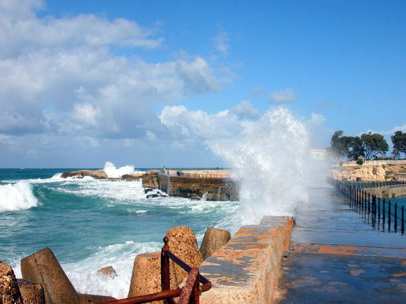 Waves Crashing on Pier — Blue, Dramatic, Afternoon, Photograph, Ocean, Sky