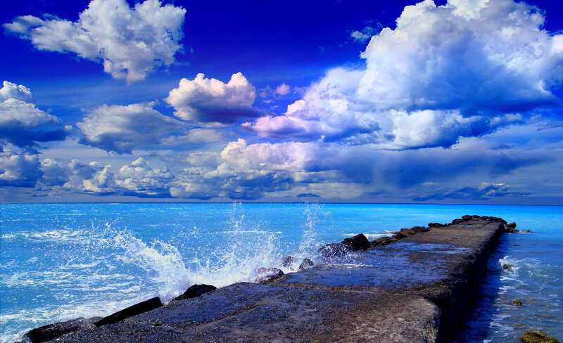 Waves Crashing on Pier — Blue, Dramatic, Afternoon, Photograph, Ocean