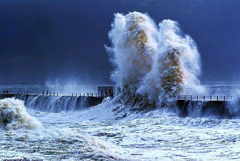 Waves Crashing on Pier — Blue, Dramatic, Night, Photograph