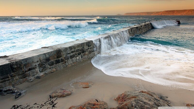 Waves Crashing on Pier — Blue, Dramatic, Sunset, Photograph, Ocean