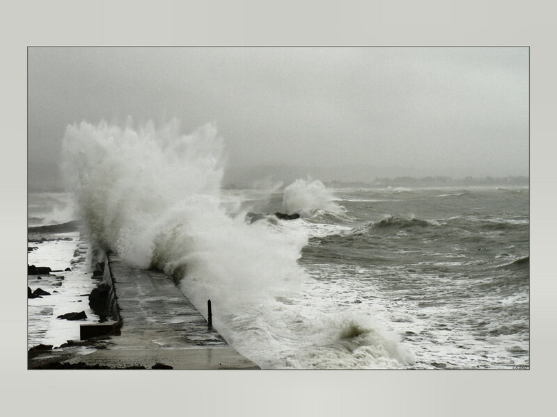 Waves Crashing on Pier — Gray, Dramatic, Photograph, Ocean