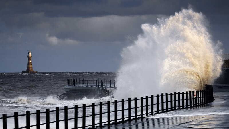 Waves Crashing on Pier — Gray, Dramatic