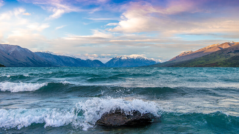 Waves Crashing on Rock — Blue, Dramatic, Sunset, Photograph