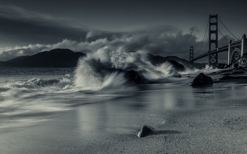 Waves Crashing on Rocks — Black, Dramatic, Night