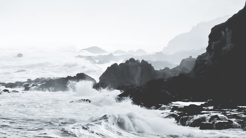 Waves Crashing on Rocks — Black, Dramatic, Photograph, Ocean, Fog