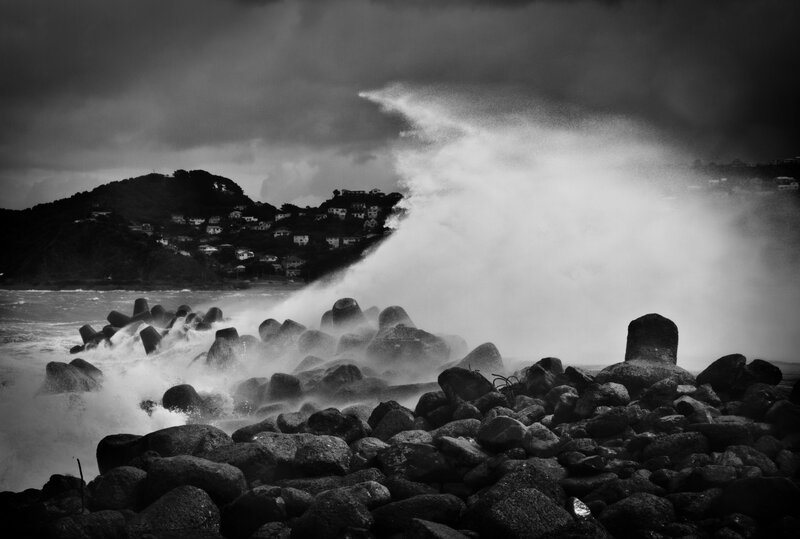 Waves Crashing on Rocks — Black, Dramatic, Photograph, Ocean, Hill