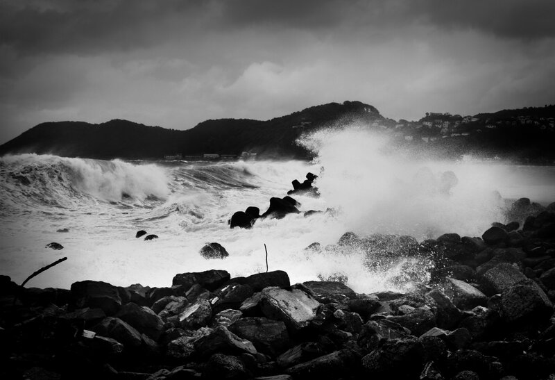 Waves Crashing on Rocks — Black, Dramatic, Photograph, Ocean, Mountains