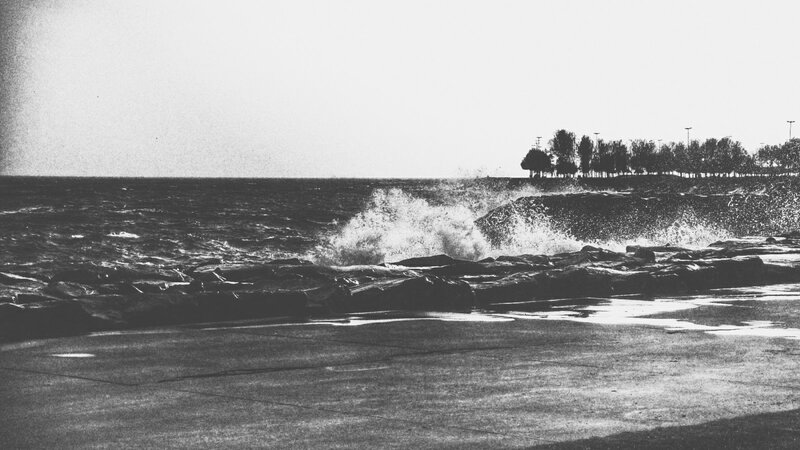 Waves Crashing on Rocks — Black, Dramatic, Photograph, Ocean, Trees
