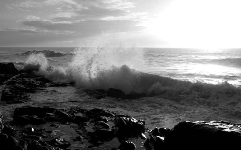 Waves Crashing on Rocks — Black, Dramatic, Sunset, Photograph