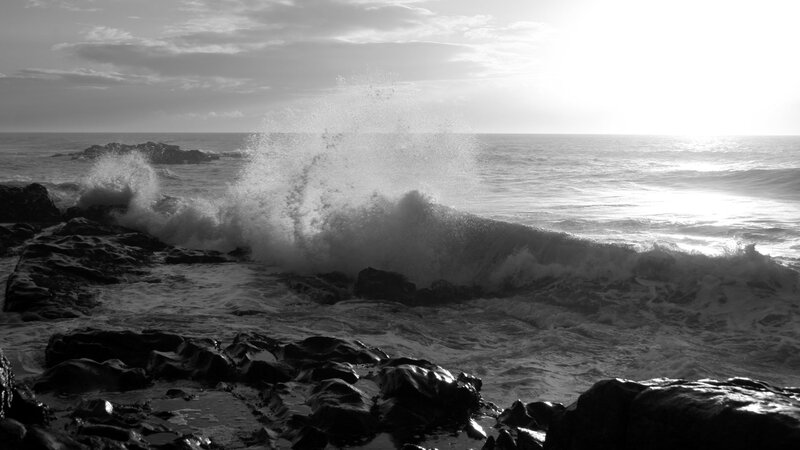 Waves Crashing on Rocks — Black, Dramatic, Sunset